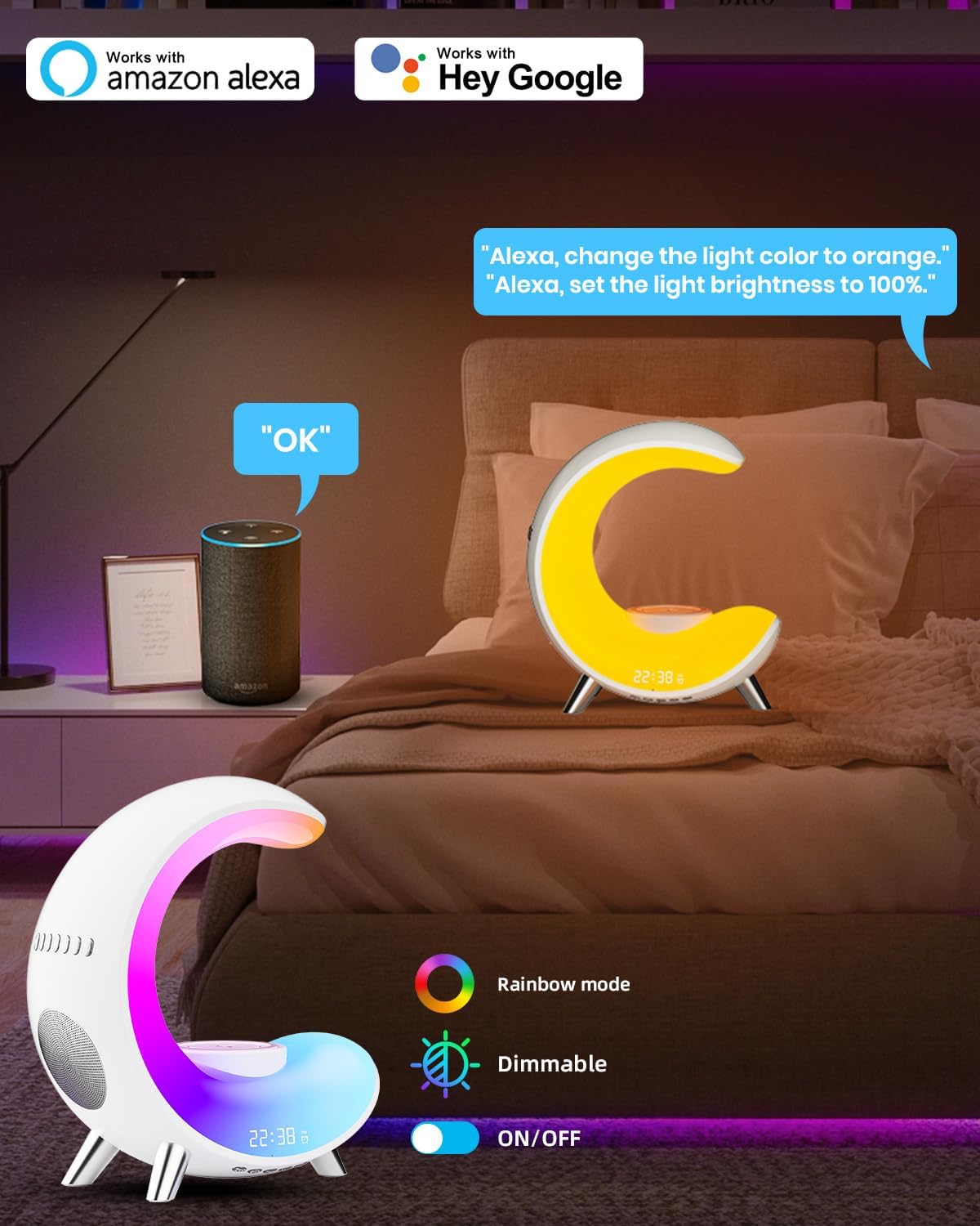 Desk Lamp with Wireless Charger, Bluetooth Speaker Alarm Clock, Color-Changing Ambient Light F517633