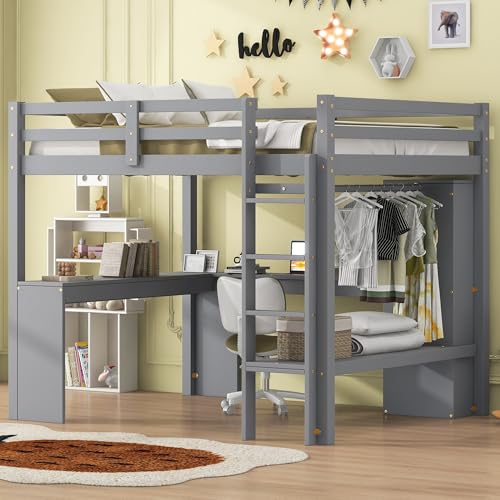 White Full Size Loft Bed with L-Shaped Desk, Wardrobe and Storage Shelves Q1931
