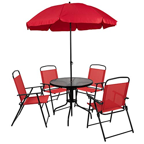 6-Piece Patio Dining Set with Glass Table, Folding Chairs, and Umbrella, Navy O4918