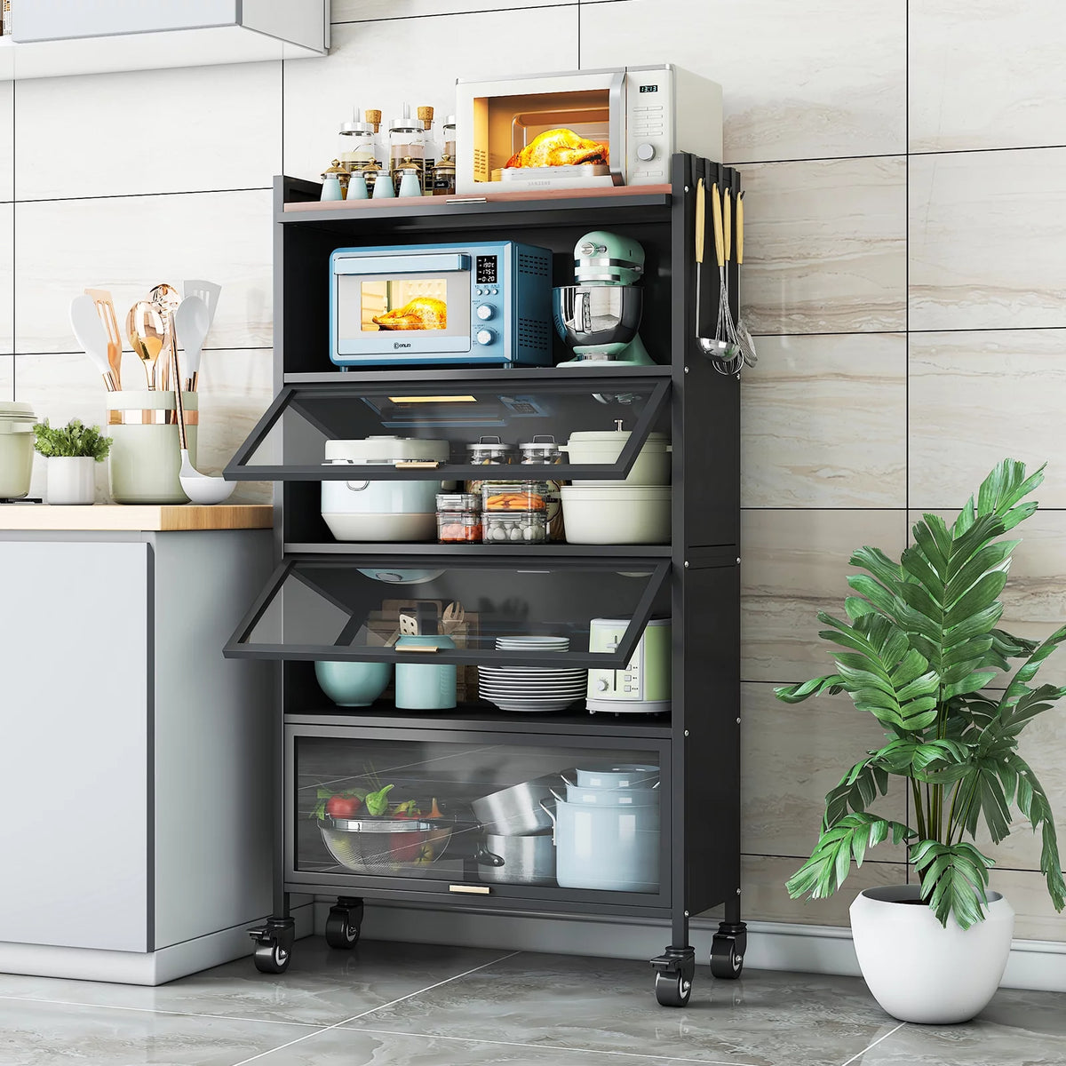 5 Tier Black Kitchen Baker's Rack with Wheels U204