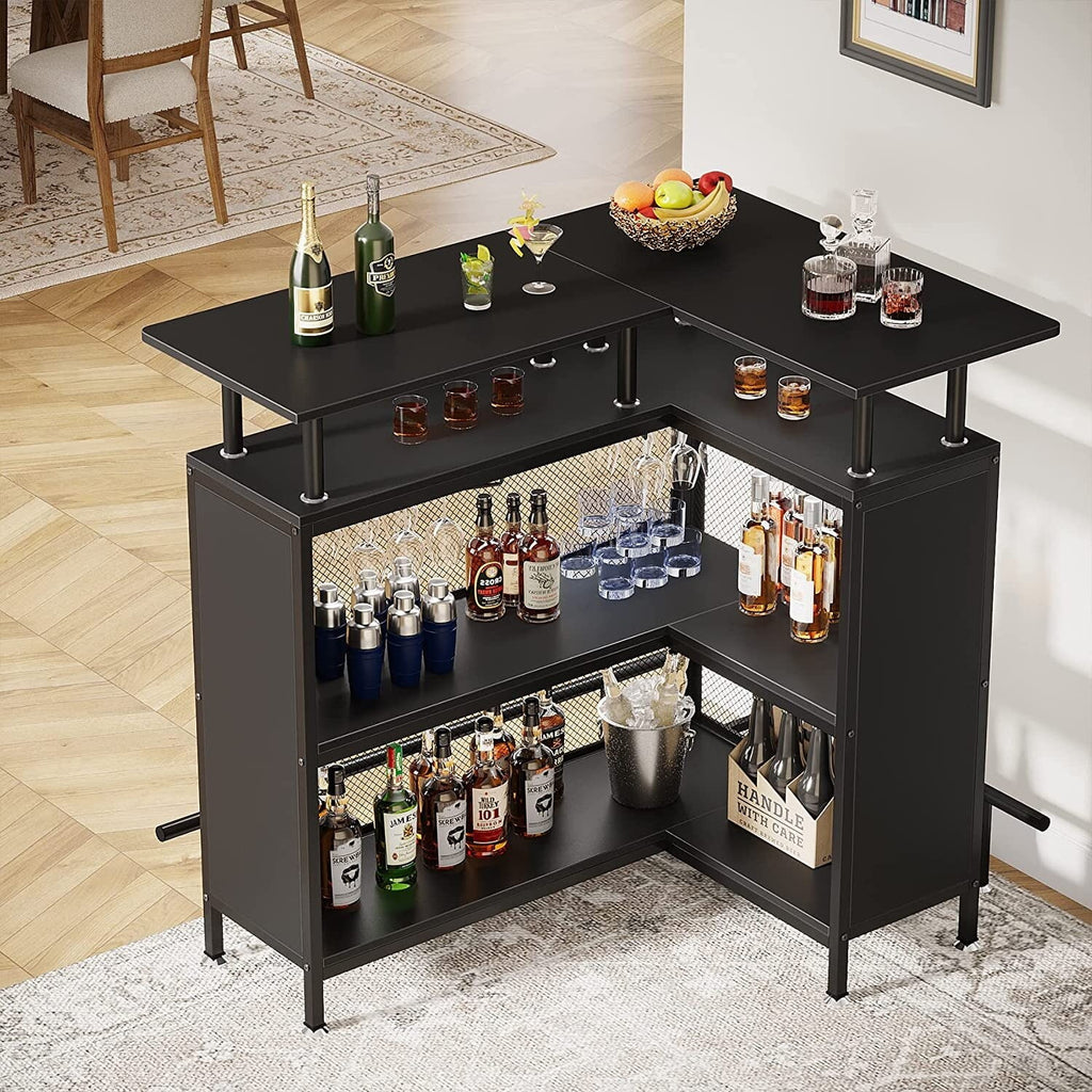 Black L-shape Liquor Bar Table with 2-Tier Storage A88796