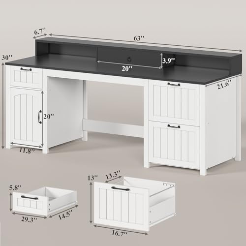 White 63" Wood Desk with File Drawer and Monitor Stand H89107