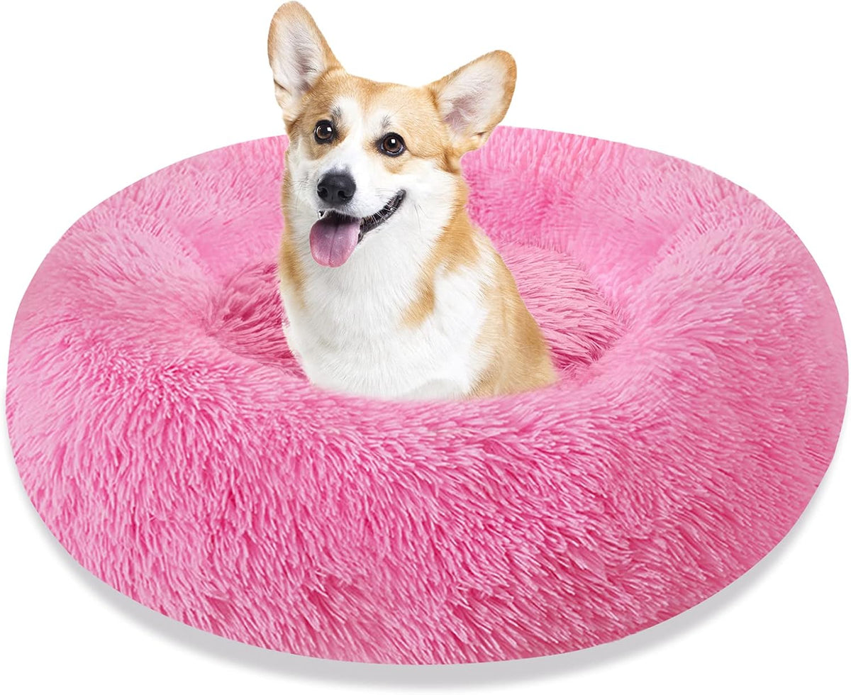 Calming Machine Washable Round Faux Fur Plush Dog Cat Bed I939060