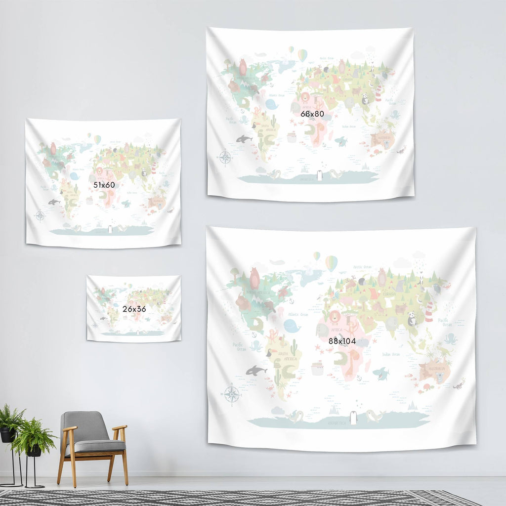 Animals World Map Wall Tapestry C23655