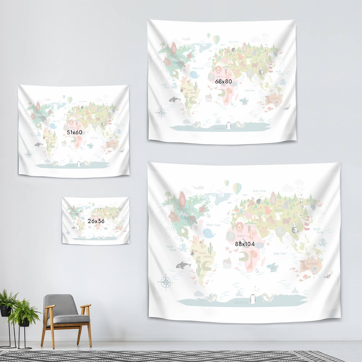 Animals World Map Wall Tapestry C23655