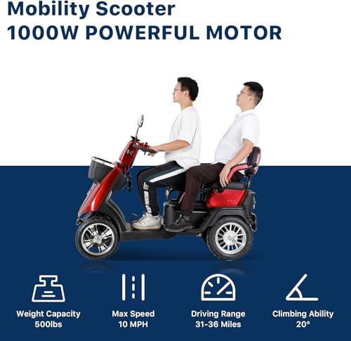 Red 4 Wheel All Terrain Mobility Scooter with 2 Seats, 500lbs Capacity T476