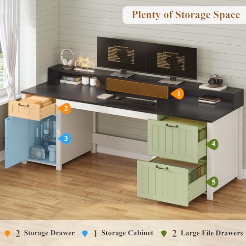 White 63" Wood Desk with File Drawer and Monitor Stand H89107
