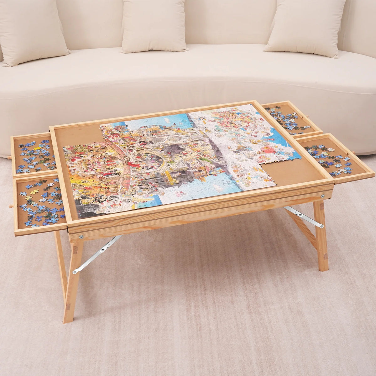 1500 Piece Puzzle Board with Folding Legs & 4 Sliding Drawers 32.7" x 24.6" Wooden Jigsaw Puzzle Table P24829