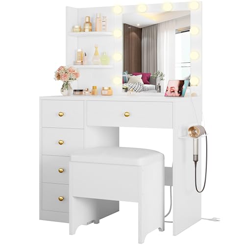 White Vanity Desk with Mirror and Lights, 5 Drawers, and Stool H68551