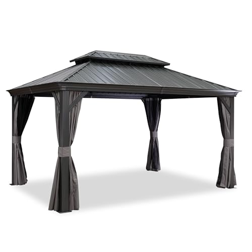 Grey Aluminum Hardtop Gazebo with Double Roof, Curtains and Netting Included S6141