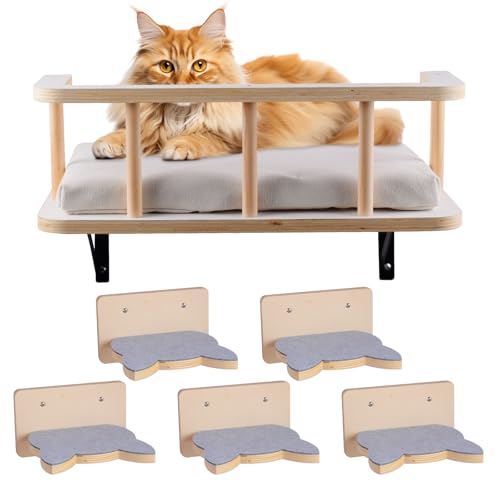 Natural Wood Cat Wall Shelves with 5 Steps Q2731