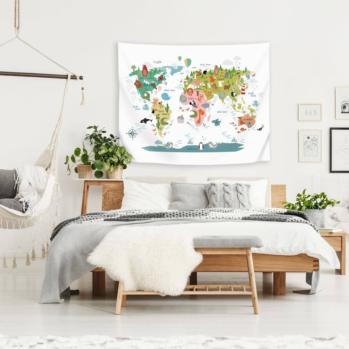 Animals World Map Wall Tapestry C23655