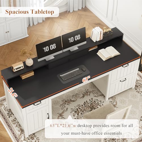 White 63" Wood Desk with File Drawer and Monitor Stand H89107