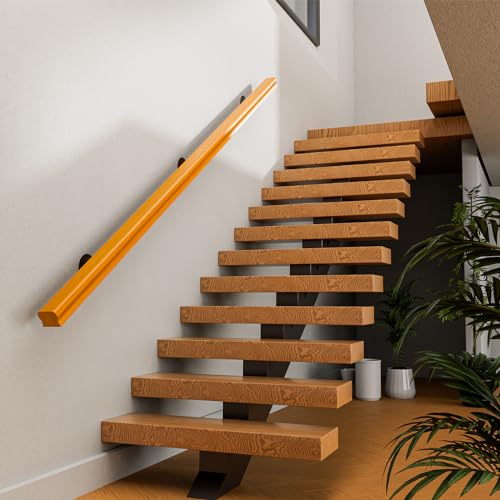 Wood Handrails Indoor Stairs Handrail, Safety Non-Slip Stair Railing, Wall Mount Handrail Pine Handrails Support Rod Complete Kit (brown, 5ft) S77167