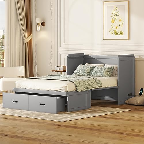 Gray Full Size Murphy Bed with Shelf and Charging Station X7630