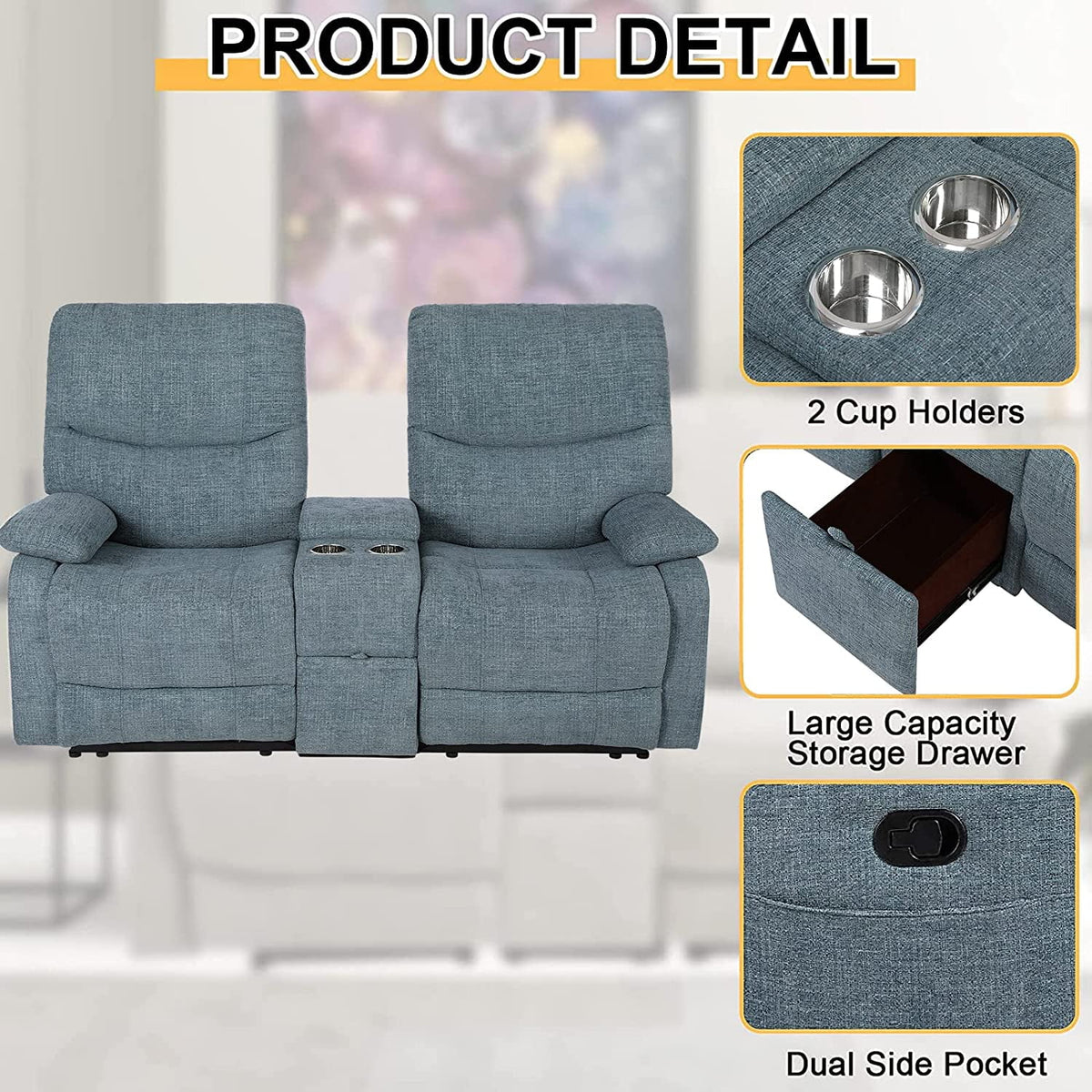 Fabric Reclining Sofa with Console and Cup Holders A357700