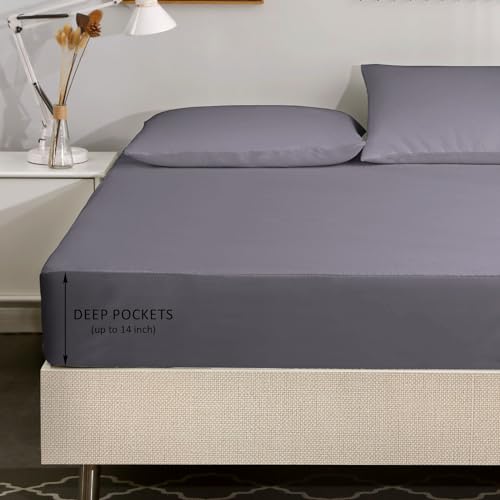 Queen Size 4 Piece Cooling Sheet Set with Deep Pocket Fitted Sheet, Dark Gray P842999