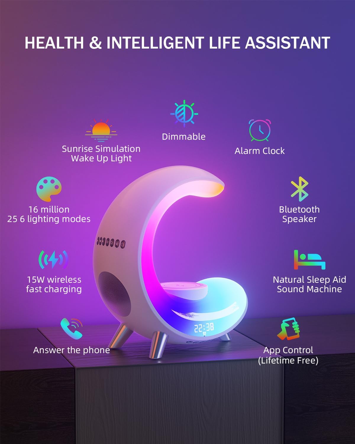 Desk Lamp with Wireless Charger, Bluetooth Speaker Alarm Clock, Color-Changing Ambient Light F517633