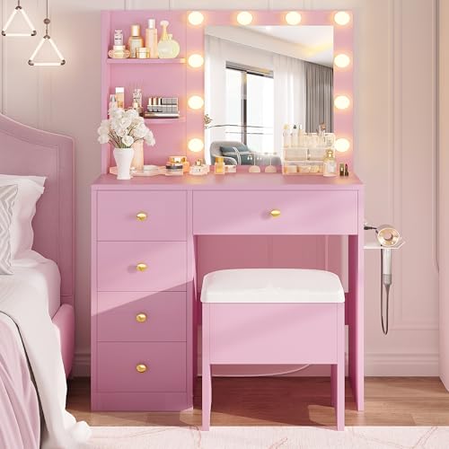 White Vanity Desk with Mirror and Lights, 5 Drawers, and Stool H68551
