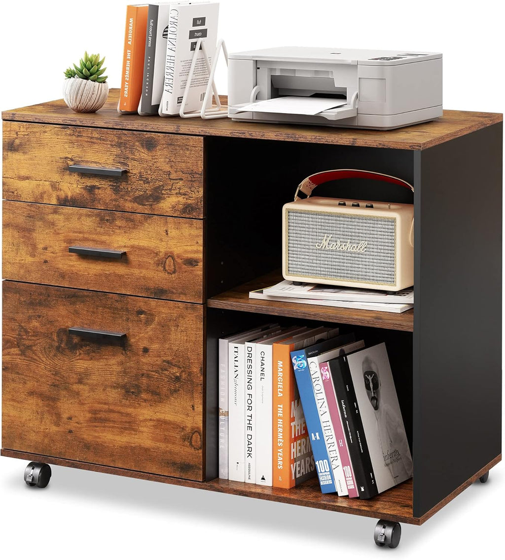 3 Drawer Wood File Cabinet with Open Storage Shelves, Gray Oak Z261238