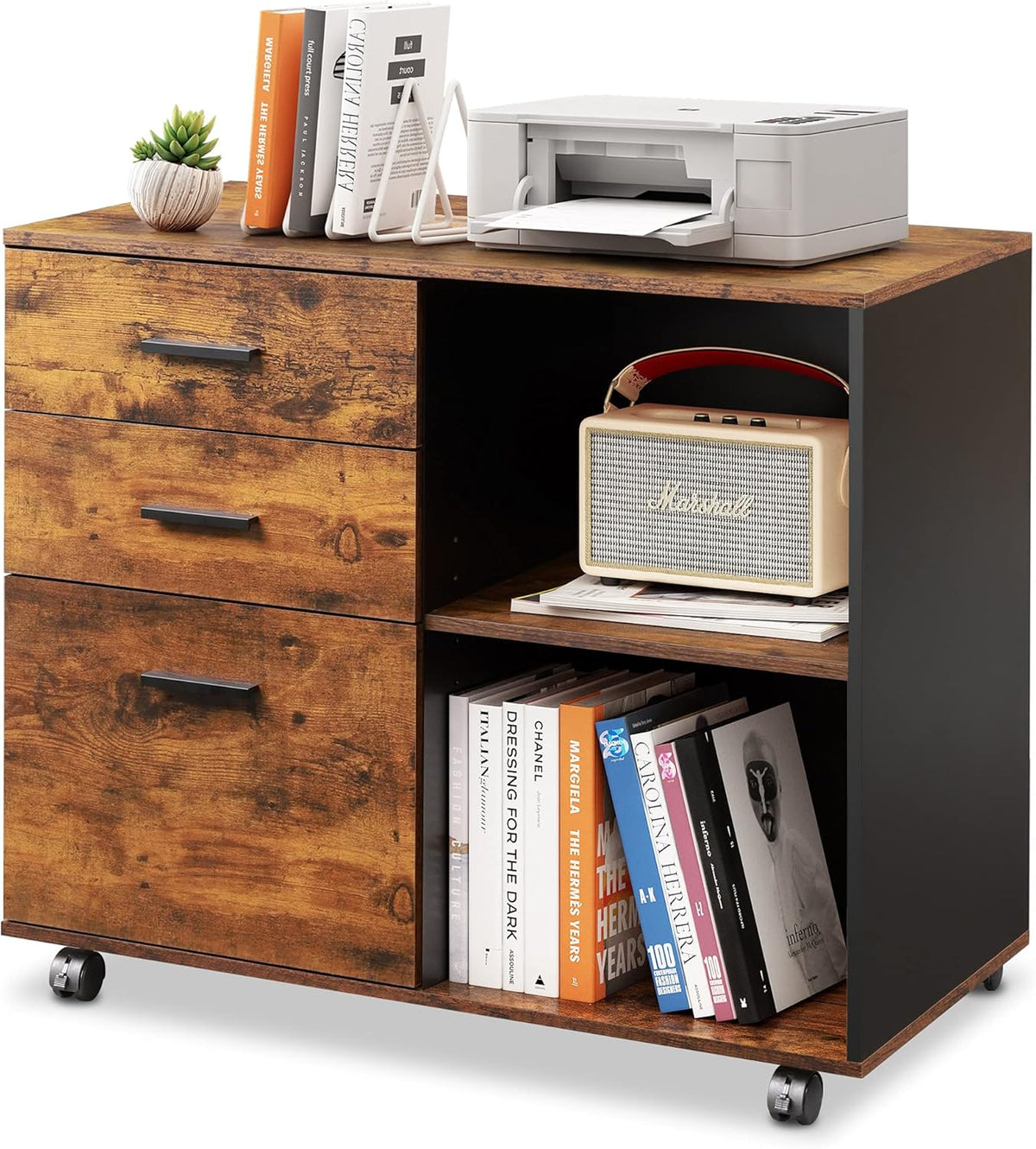 3 Drawer Wood File Cabinet with Open Storage Shelves, Gray Oak Z261238