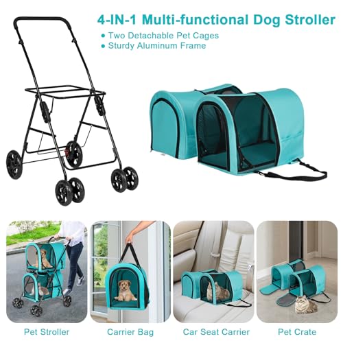 Grey Double Pet Stroller with 4 Wheels and 2 Detachable Carrier Cages B2258