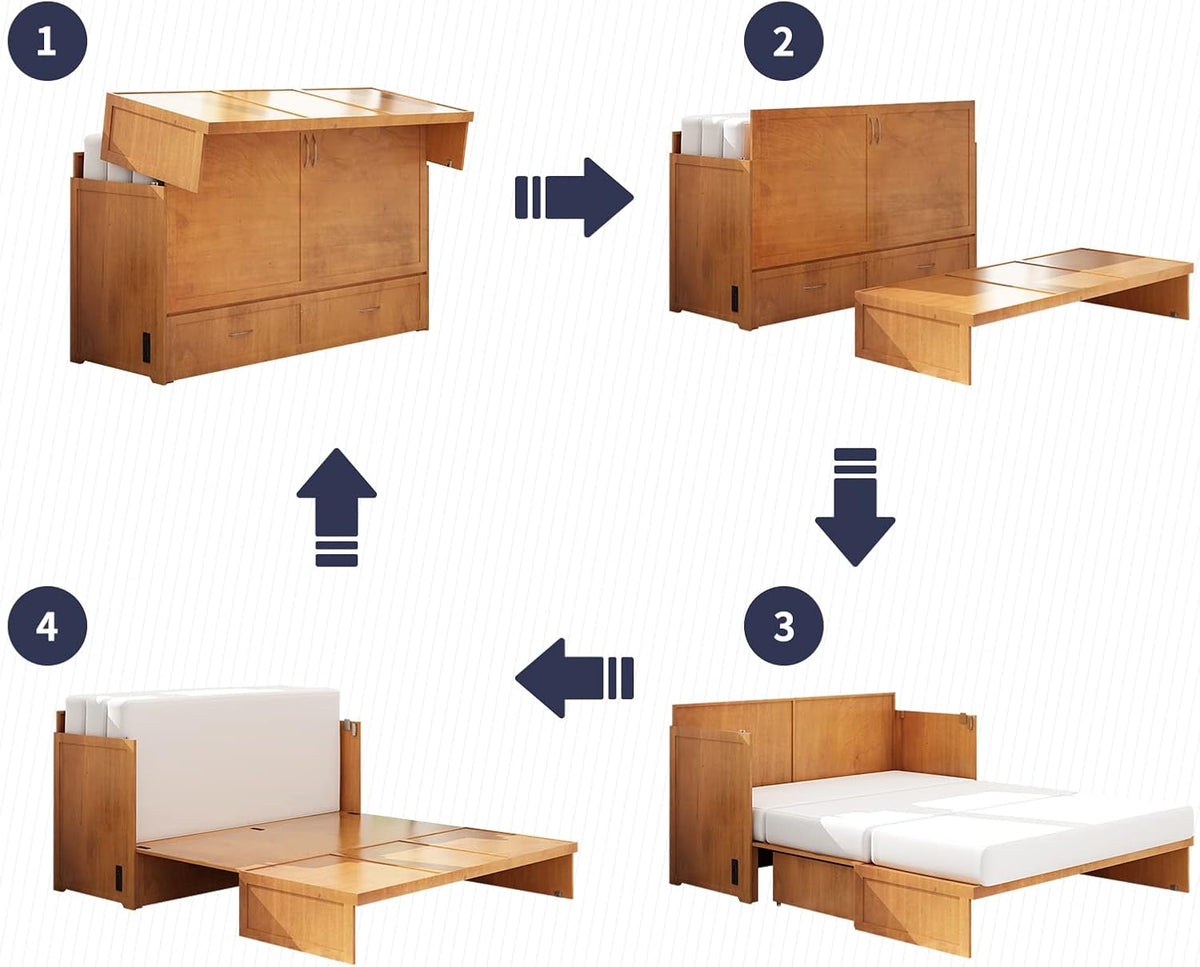 Cherry Murphy Cabinet Bed with Built-in USB Power Strip & 2 Drawers C9539