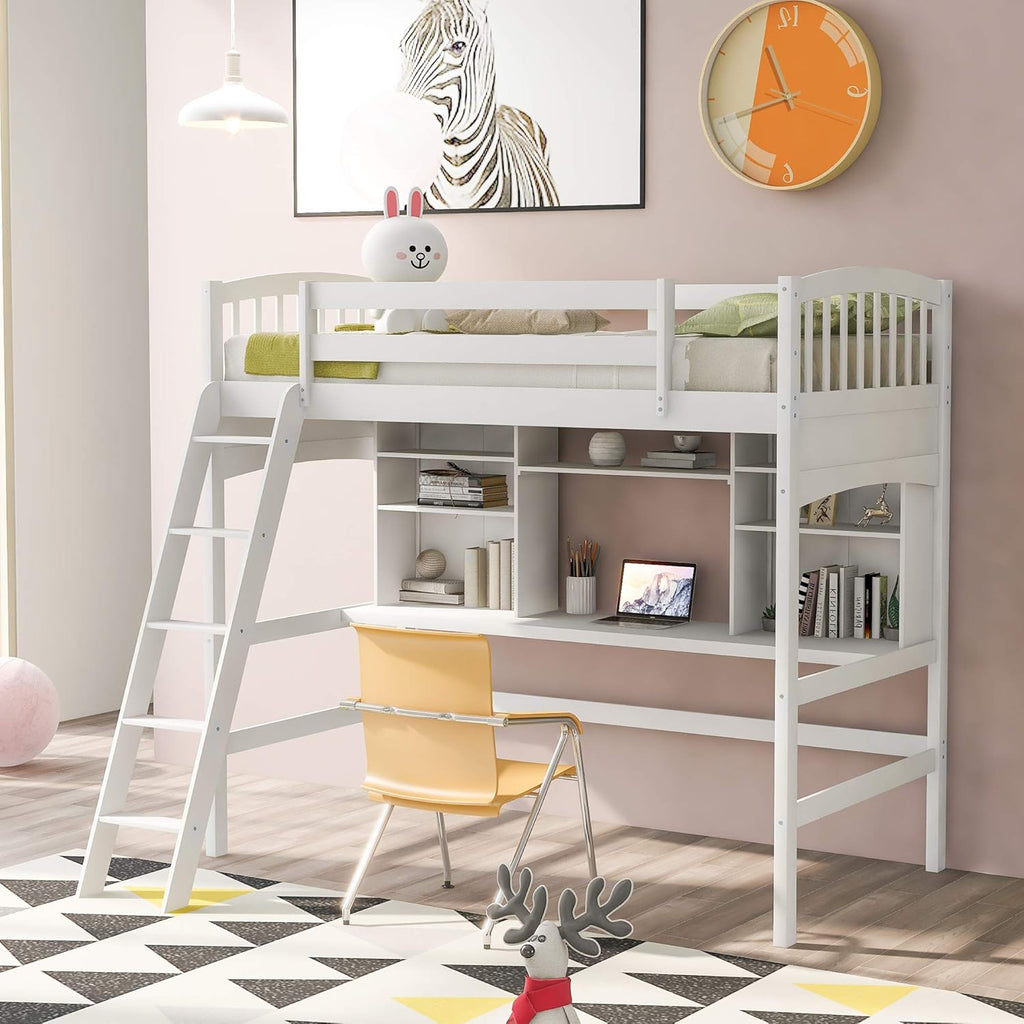 Twin Size Solid Wood Loft Bed with Desk and Storage Shelves T113788