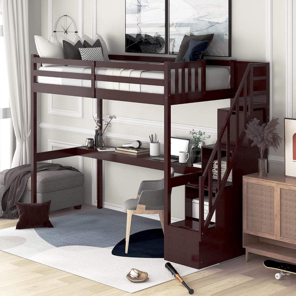 Twin Size Solid Wood Loft Bed with Desk and Storage Shelves T113788