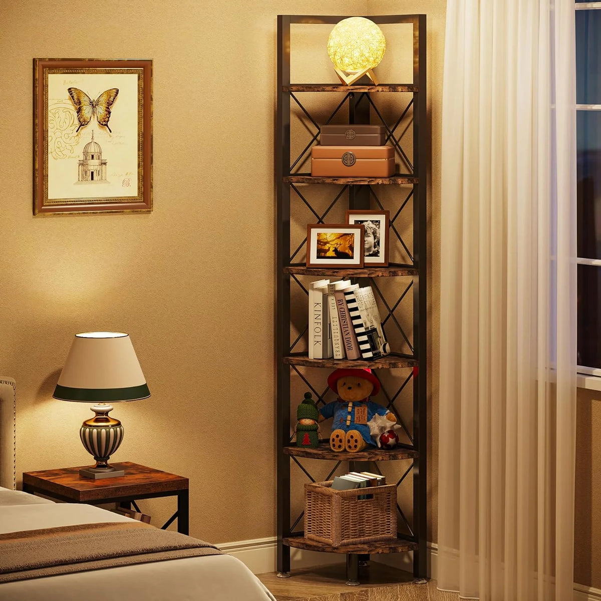 6 Tier Corner Shelf Rustic Corner Bookshelf Small Bookcase Corner Storage Rack Plant Stand Q323670