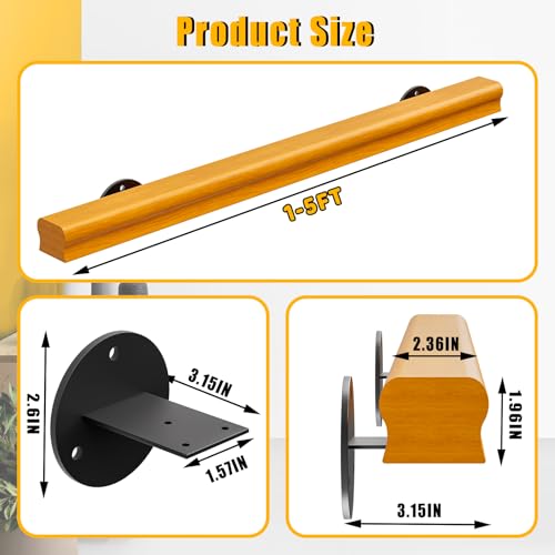 Wood Handrails Indoor Stairs Handrail, Safety Non-Slip Stair Railing, Wall Mount Handrail Pine Handrails Support Rod Complete Kit (brown, 5ft) S77167