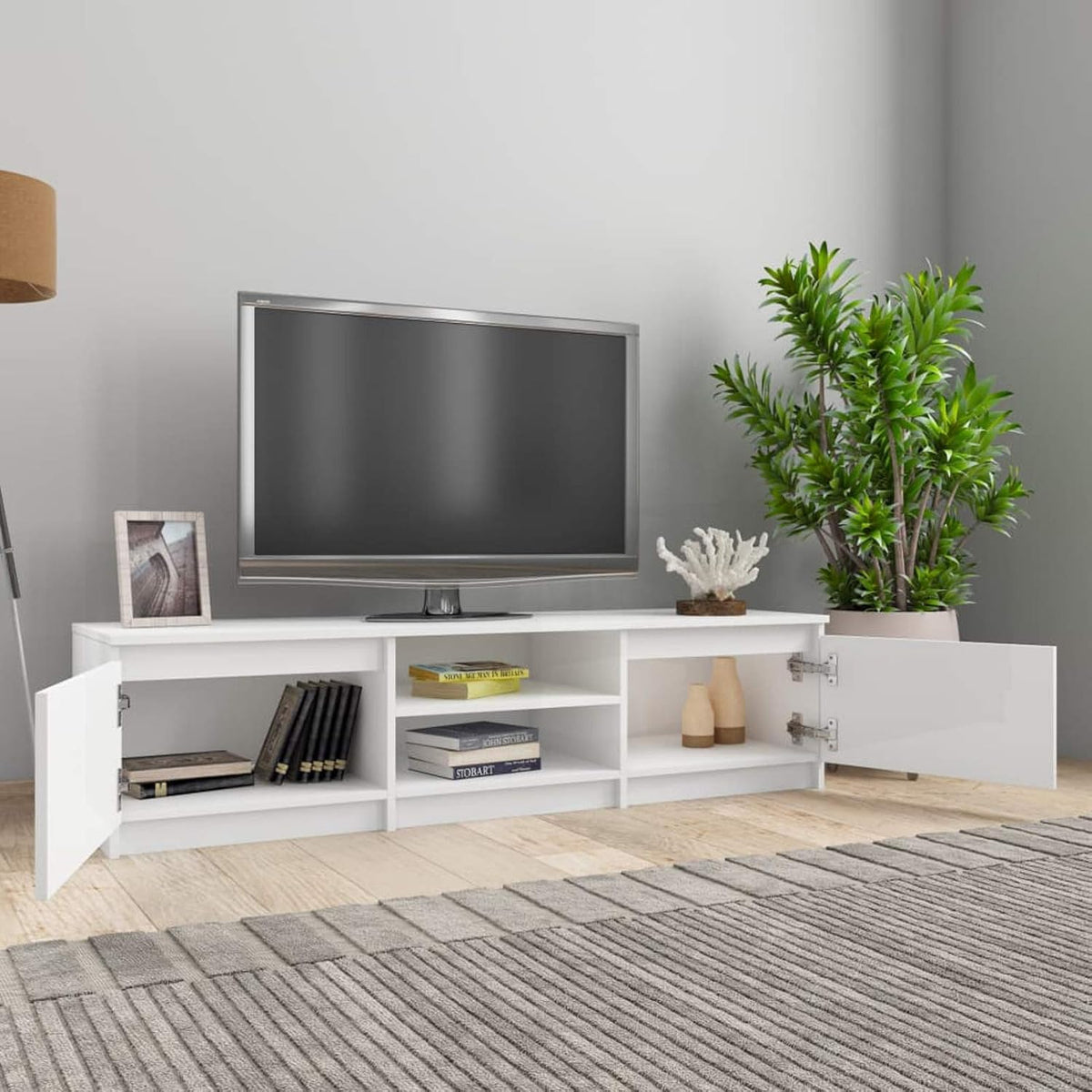 White TV Cabinet with 2 Drawers and 2 Open Compartments X153