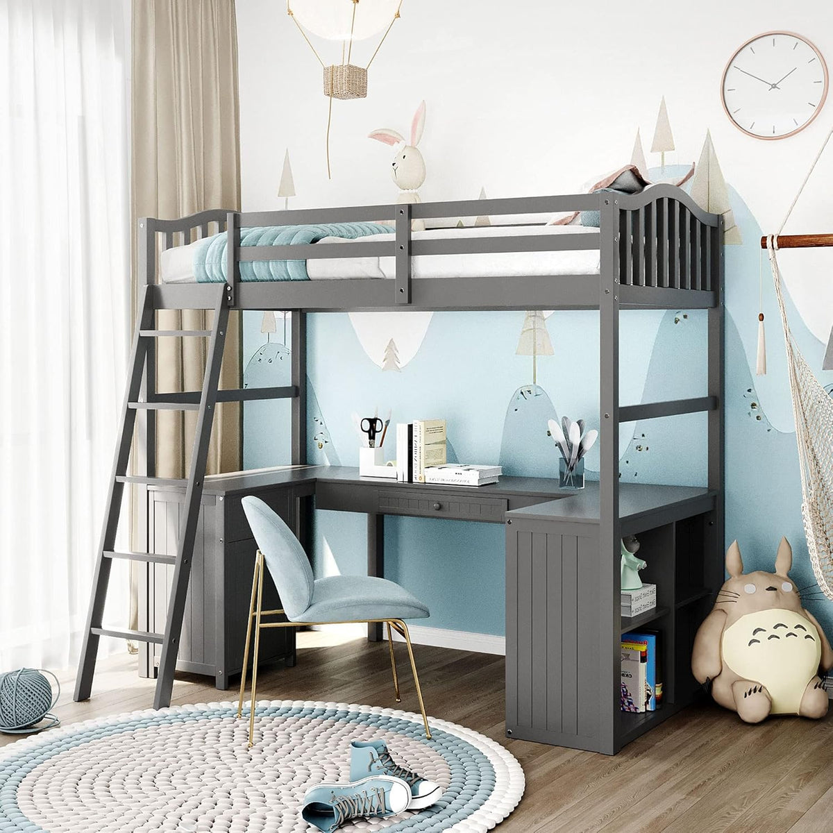 Twin Size Solid Wood Loft Bed with Desk and Storage Shelves T113788