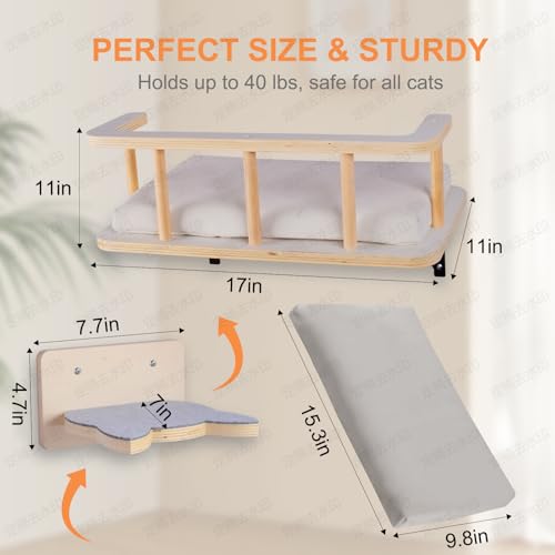Natural Wood Cat Wall Shelves with 5 Steps Q2731