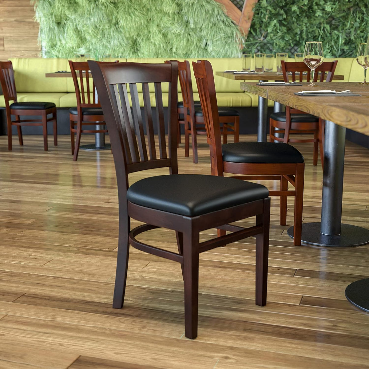 Walnut Wood Vertical Slat Back Chair with Black Vinyl Seat J59014