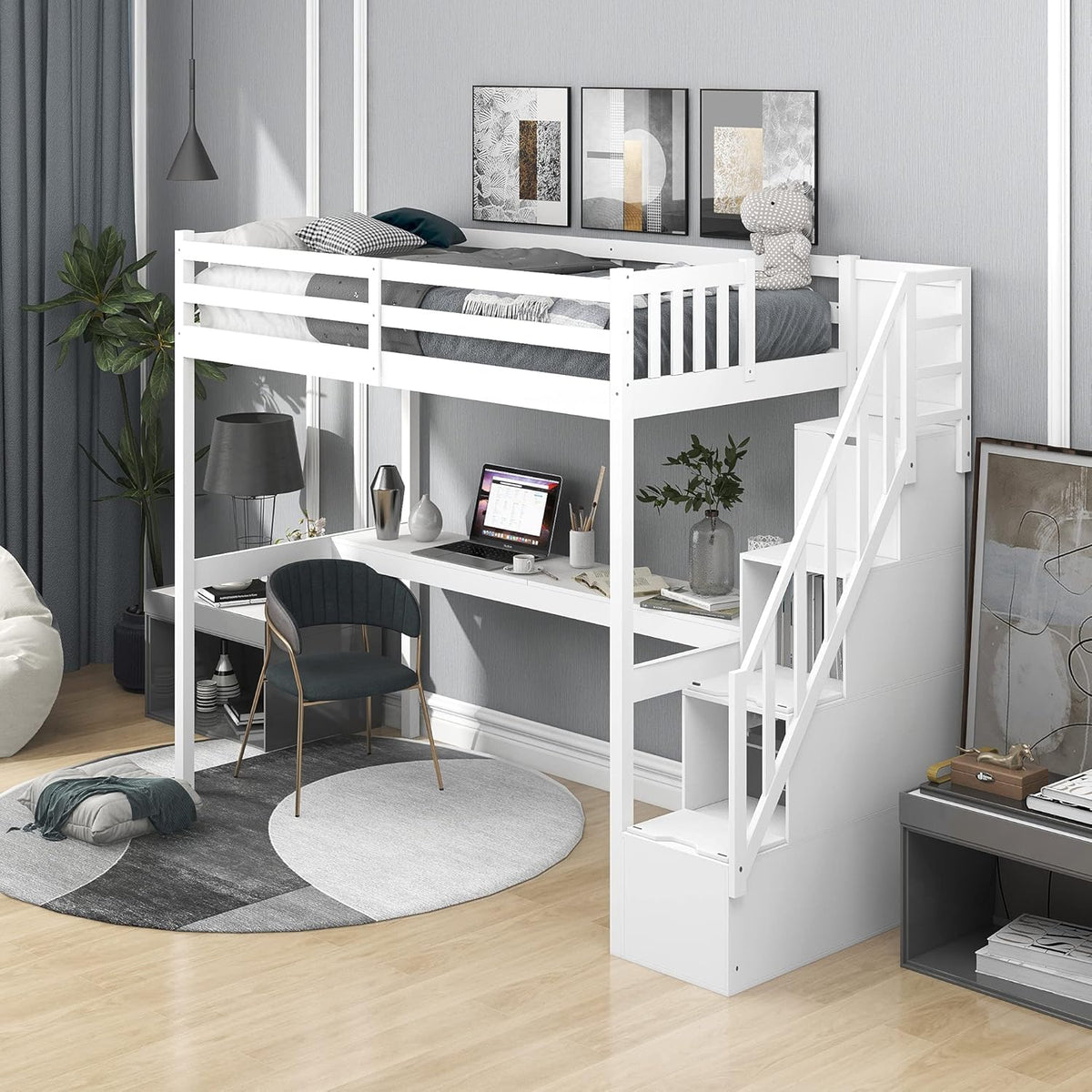 Twin Size Solid Wood Loft Bed with Desk and Storage Shelves T113788