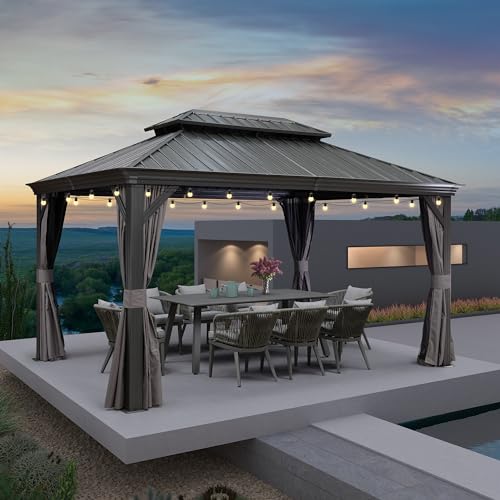 Grey Aluminum Hardtop Gazebo with Double Roof, Curtains and Netting Included S6141