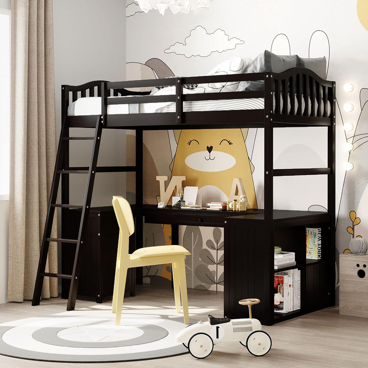 Twin Size Solid Wood Loft Bed with Desk and Storage Shelves T113788