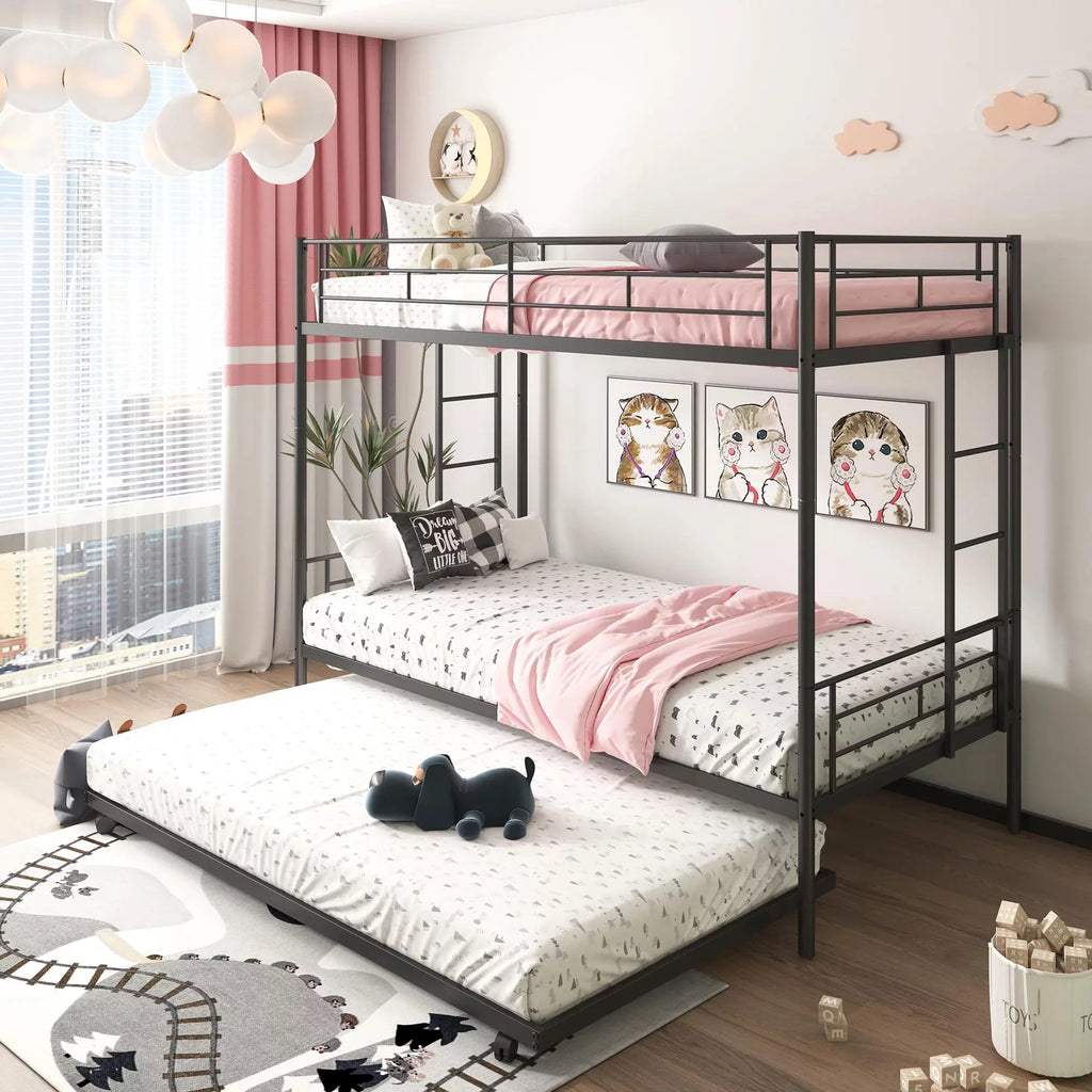 Twin over Twin Black Metal Bunk Bed with Trundle R40987