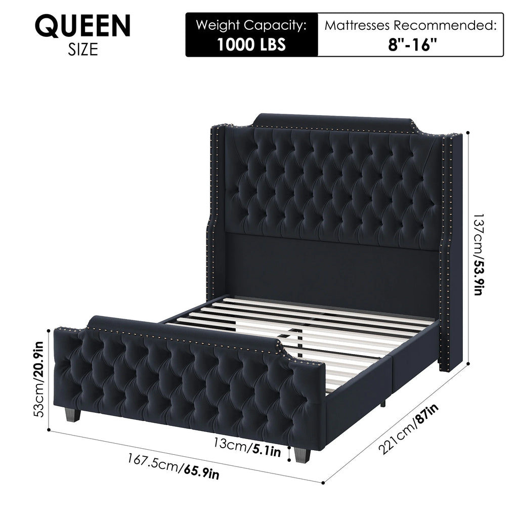 Queen Size Off-white Velvet Upholstered Bed Frame with Headboard and Footboard E4387