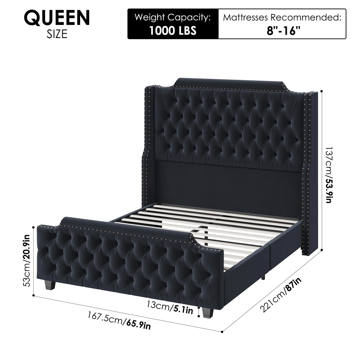 Queen Size Off-white Velvet Upholstered Bed Frame with Headboard and Footboard E4387