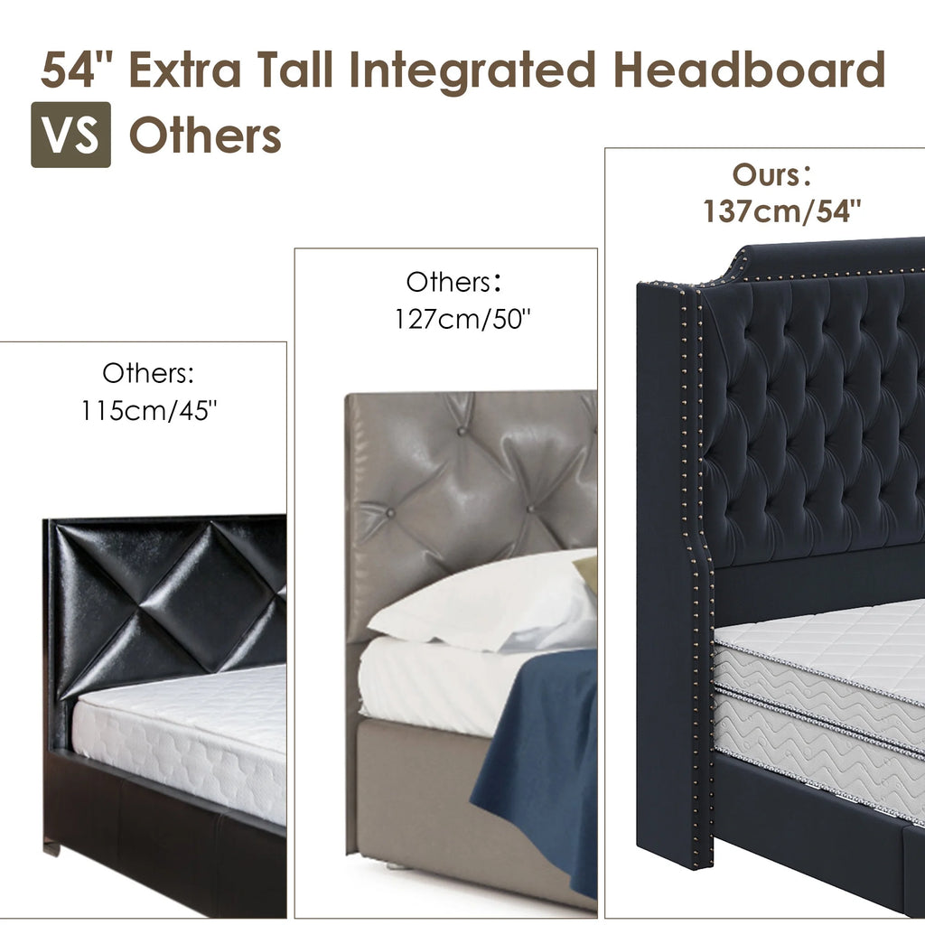 Queen Size Off-white Velvet Upholstered Bed Frame with Headboard and Footboard E4387