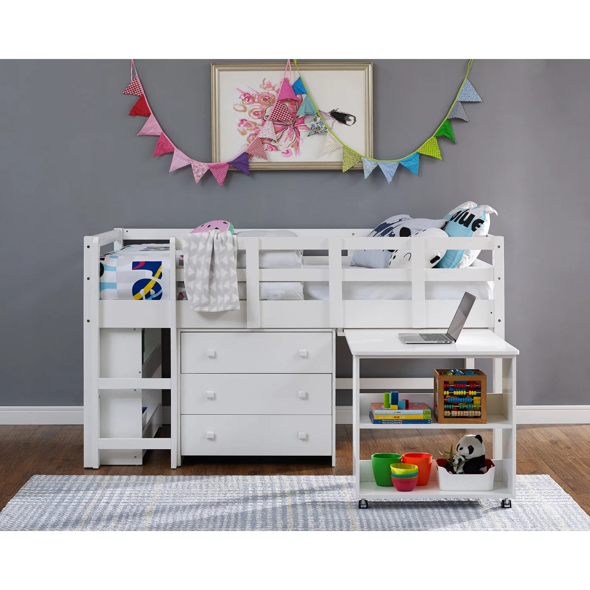 White Twin Size Low Loft Bed with Desk and Storage U72856