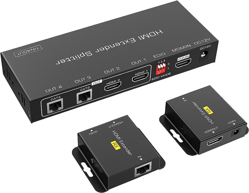 HDMI Extender Splitter 1x2 165ft/50m 1 in 2 Out Over Cat5e/Cat6/7 with 2 Loop-Out Local Display Repeater Balun Ethernet Sender Transmitter Receiver Support 1080P@60HZ 3D EDID POC H9754