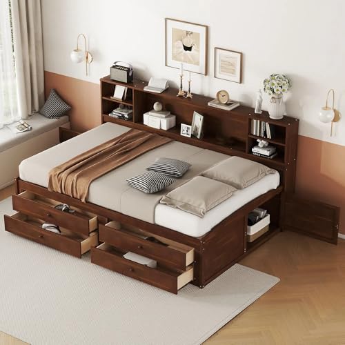Full Size Wood Captain Bed with Storage Bookcase Drawers and Headboard R466