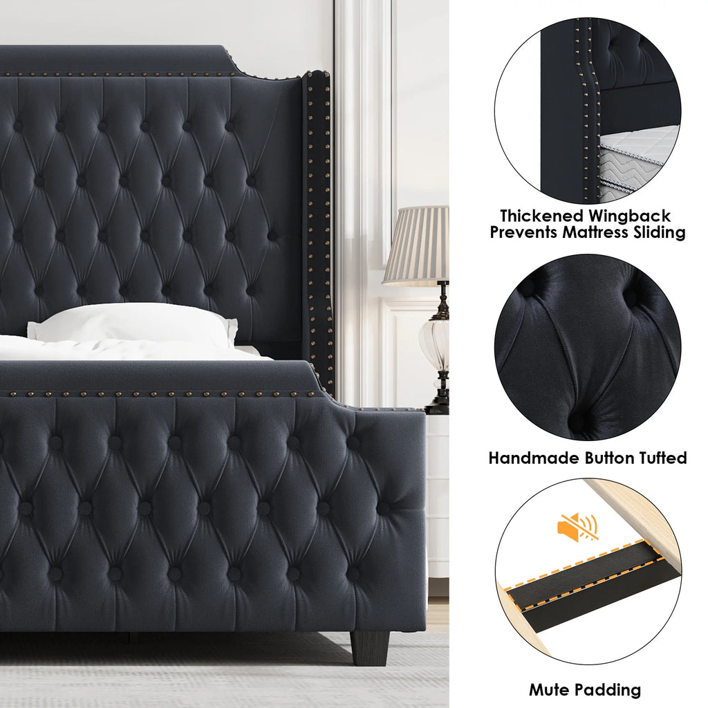 Queen Size Off-white Velvet Upholstered Bed Frame with Headboard and Footboard E4387