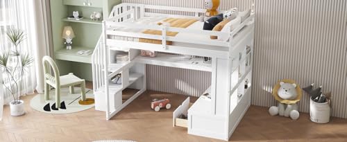White Full Size Loft Bed with L-Shaped Desk, Wardrobe and Storage Shelves Q1931