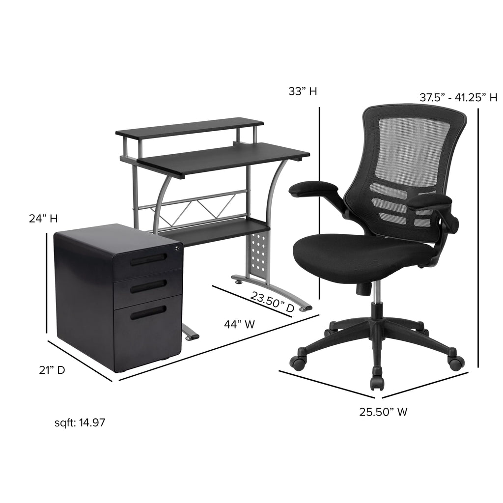 Black Computer Desk, Ergonomic Mesh Office Chair and Locking Mobile Filing Cabinet V88916