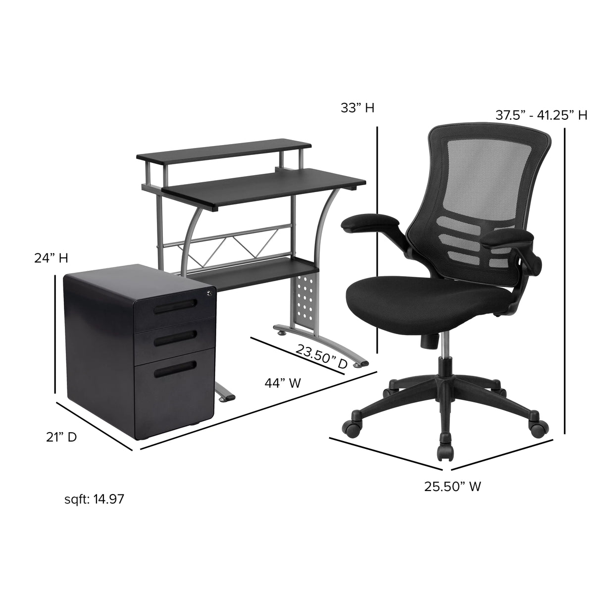 Black Computer Desk, Ergonomic Mesh Office Chair and Locking Mobile Filing Cabinet V88916