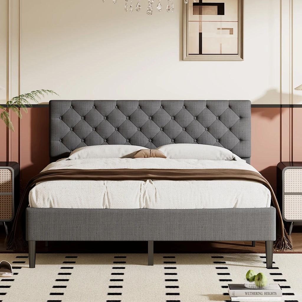 Beige Upholstered Fabric Queen Size Platform Bed Frame O543